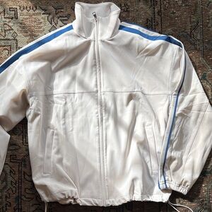 Athleta White Bomber Jacket with Blue Shoulder Stripes